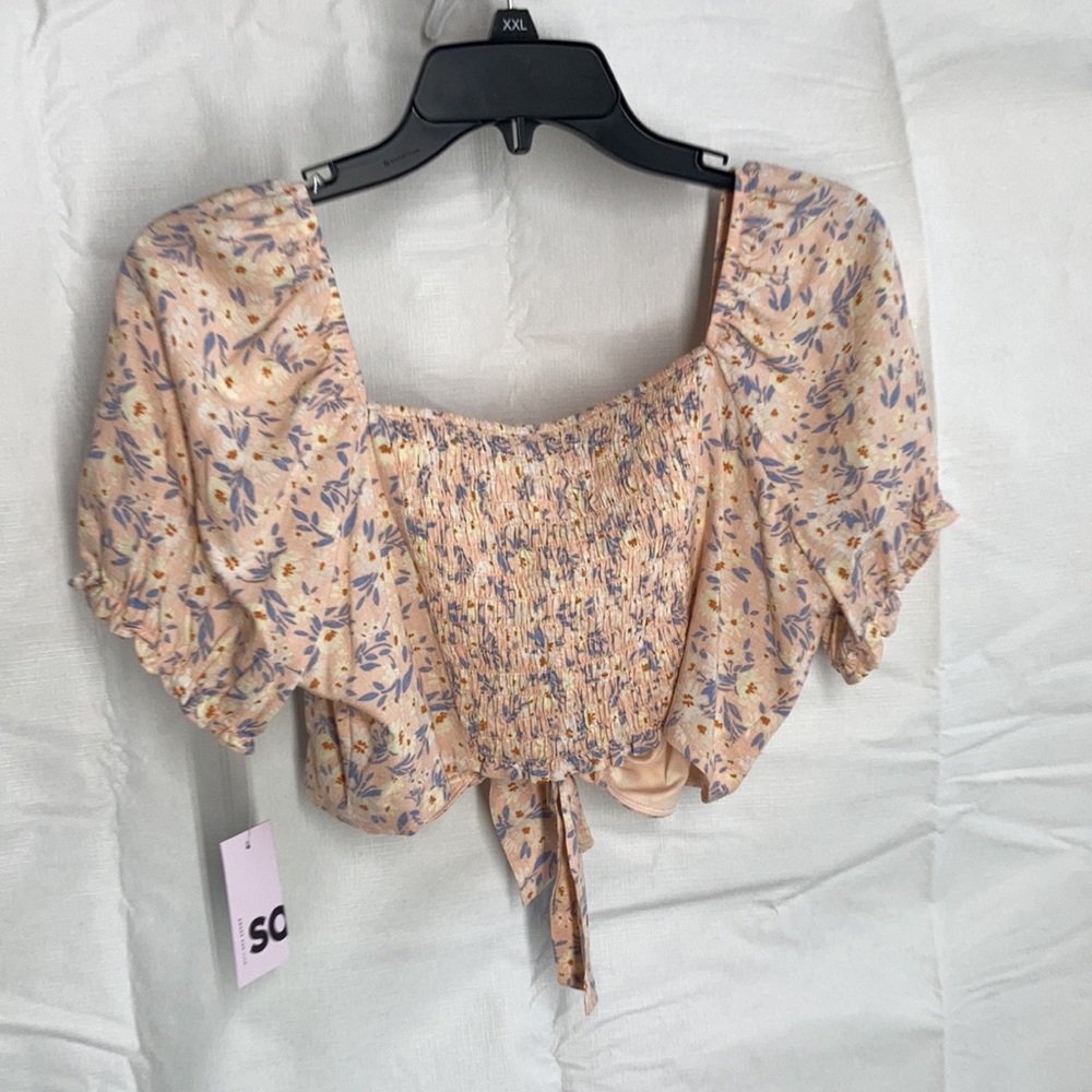 SO top floral print tie front smocked back puff sleeve crop top boho L jrs - Picture 6 of 16